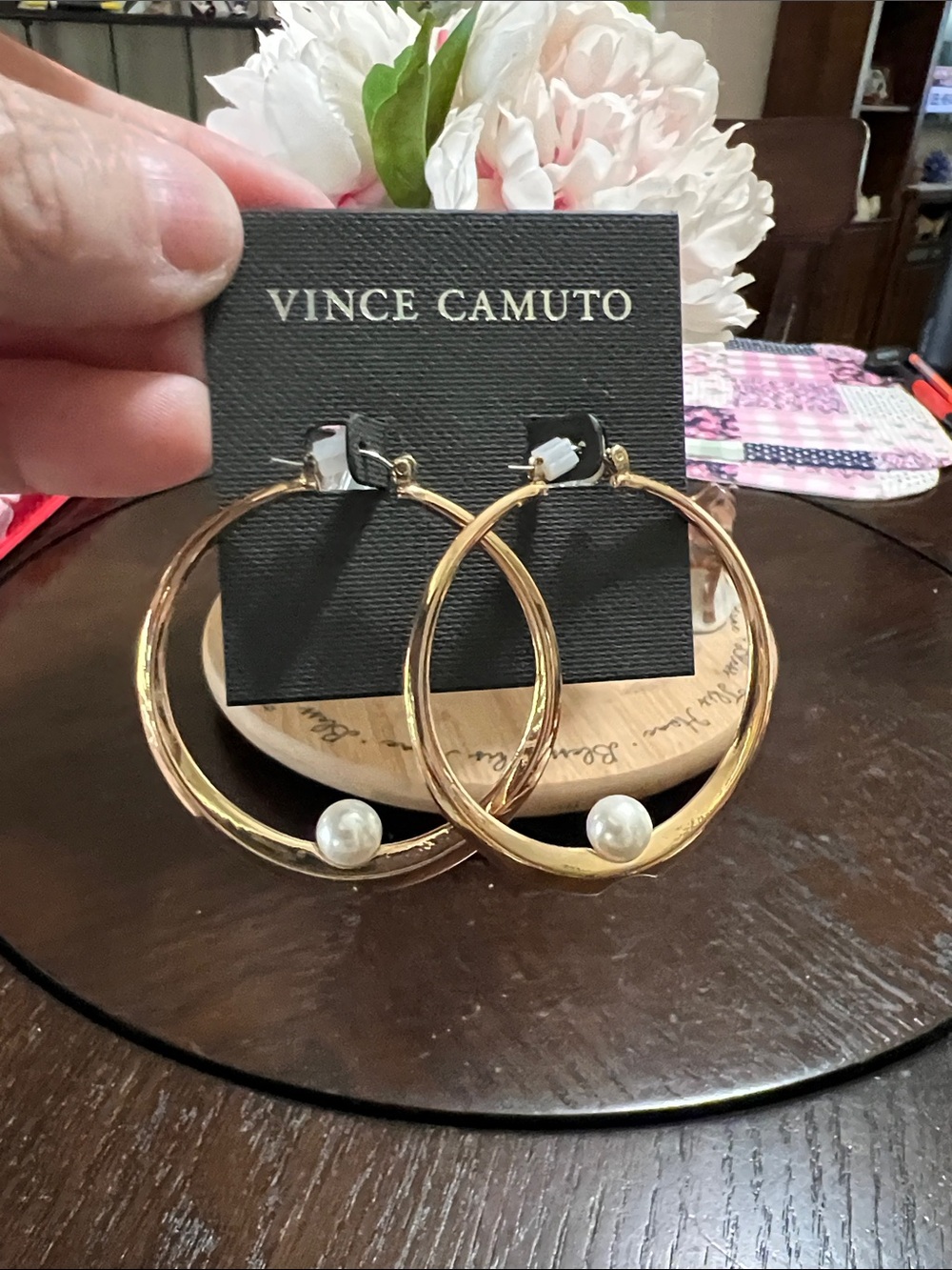 New Vince Camuto Gold Hoop Earrings with Pearl Detail